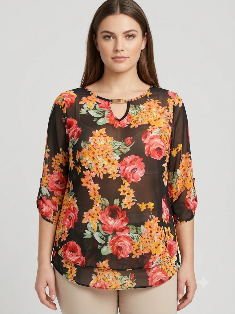 a'gaci Black Floral Keyhole Chiffon Blouse with Coral & Yellow Blooms